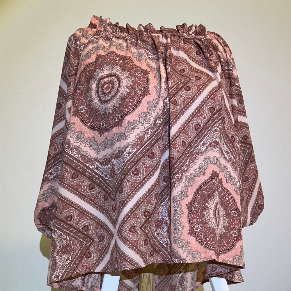 belle sky Pink Paisley Off-Shoulder Boho Blouse